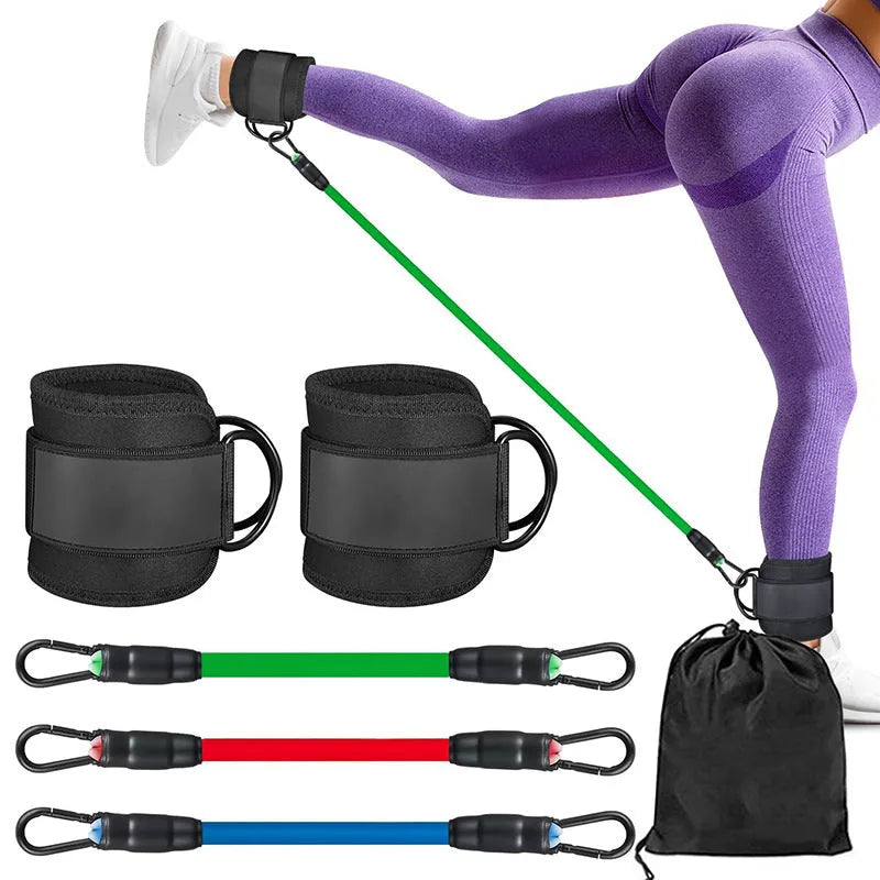Set of three TPE resistance bands in 10lb, 20lb, and 30lb tensions with foot loops for ankle attachment