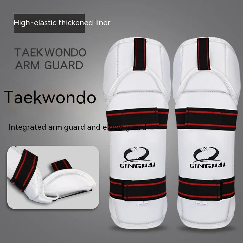 Taekwondo protective gear set showing arm guards, elbow protection and legguards in adjustable sizes