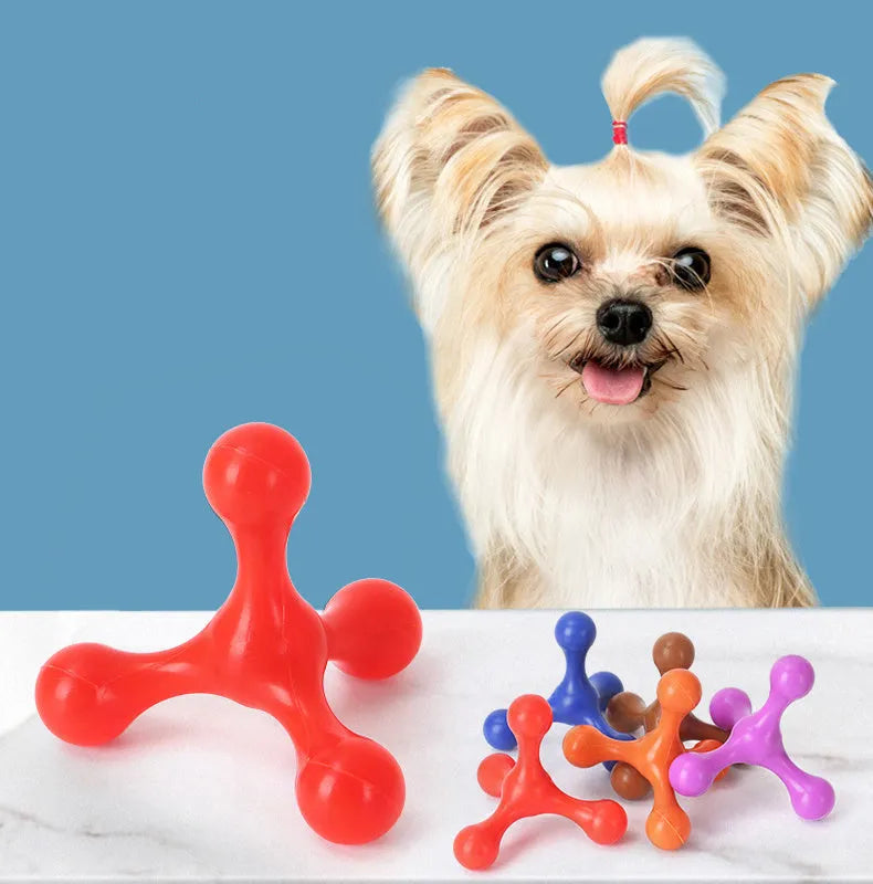 Three-legged silicone chew toy for puppies in blue, green, purple, red colours