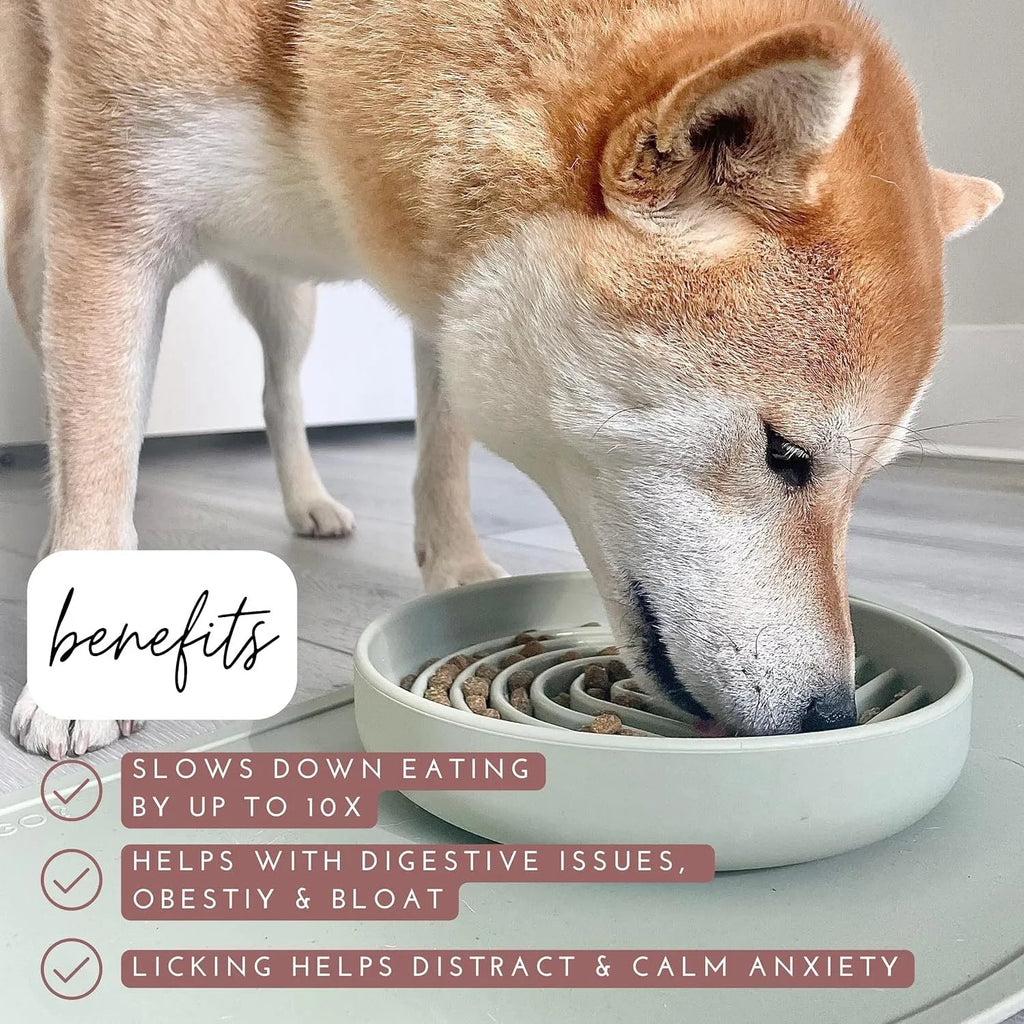 Silicone slow feeder dog bowl with ridges, shown in beige colour, next to dog food.