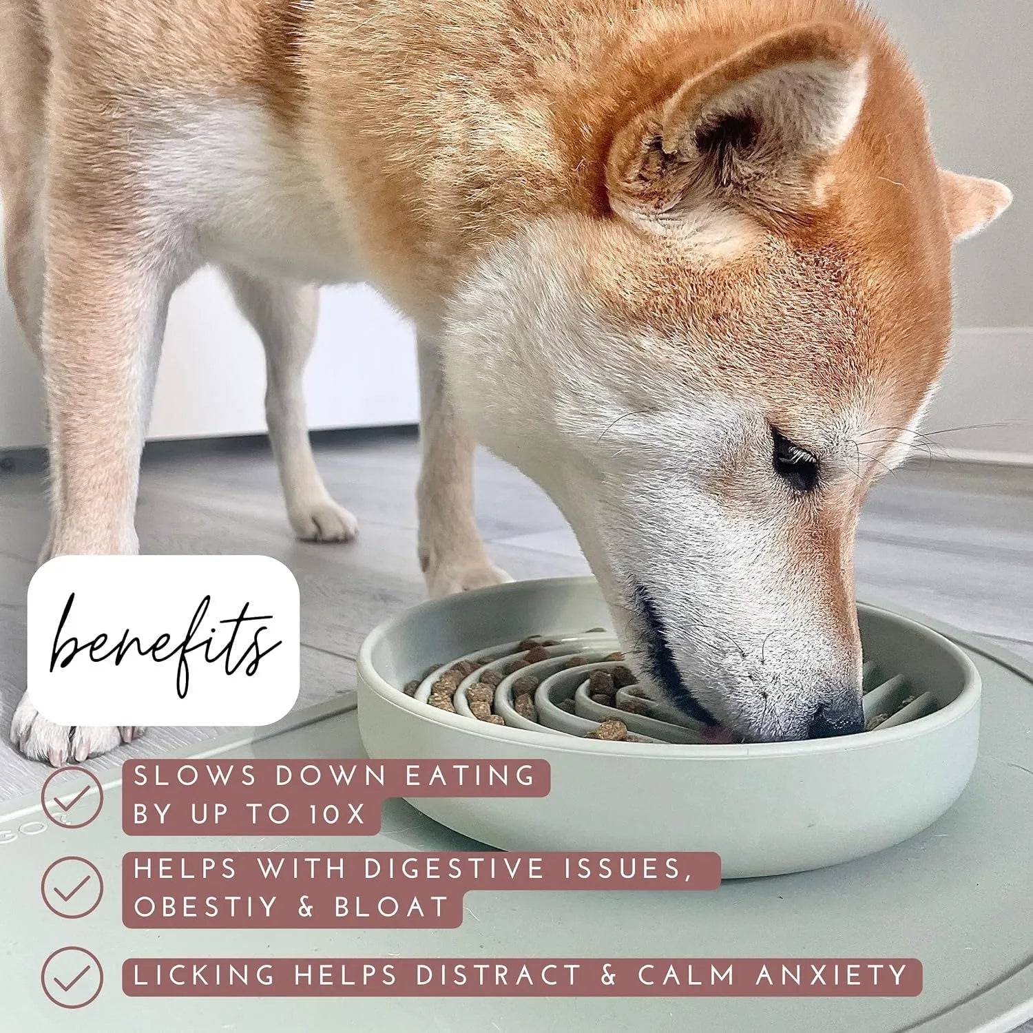 Silicone slow feeder dog bowl with ridges, shown in beige colour, next to dog food.