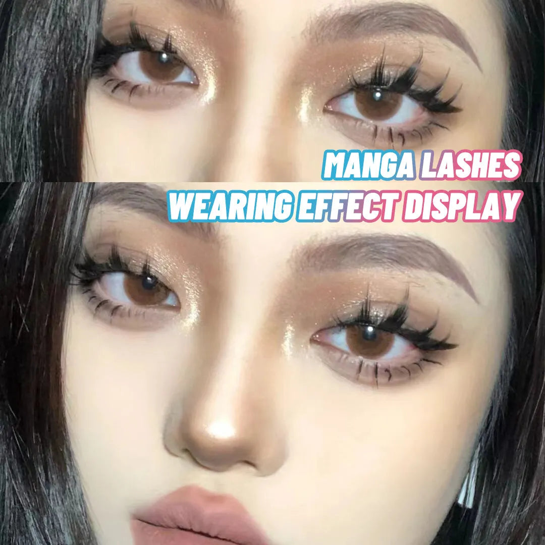 Five pairs of wispy manga-style false eyelashes on a plastic black terrier base for cosplay.