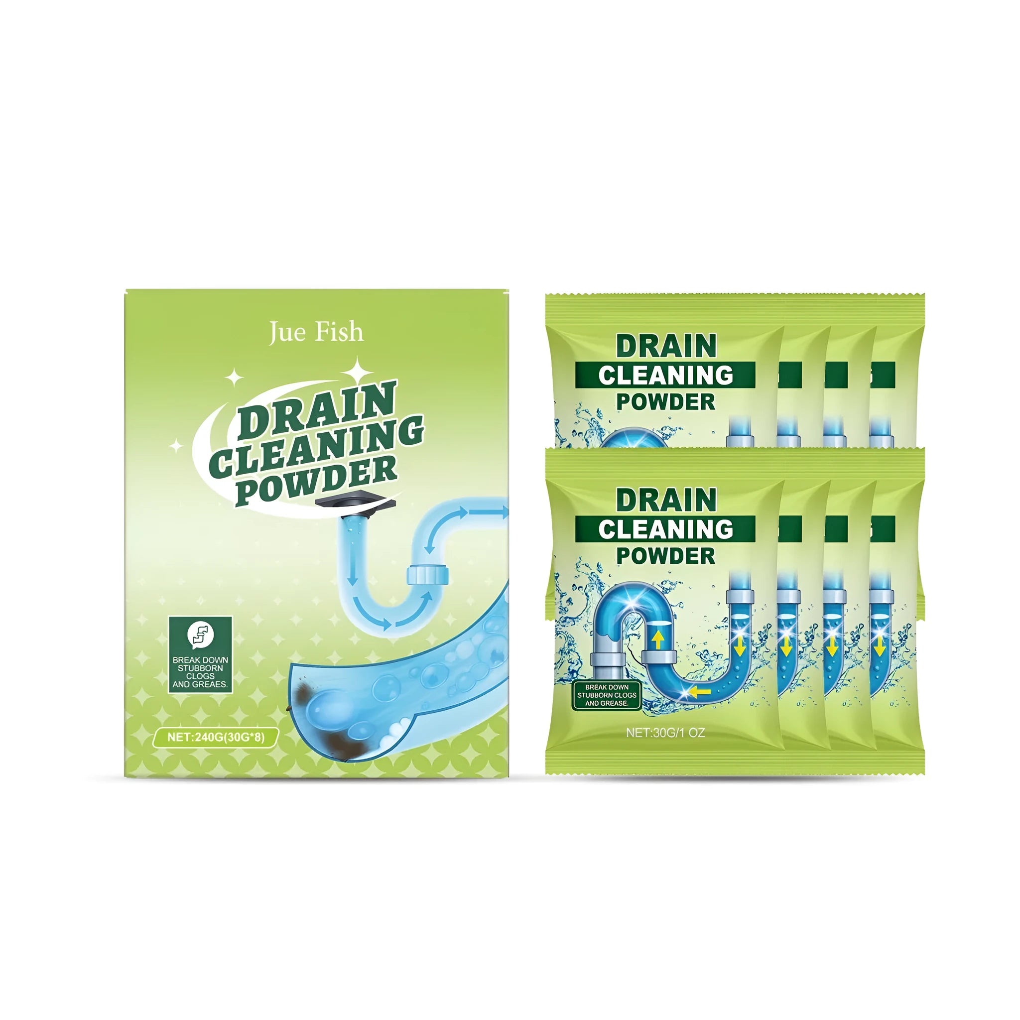 240g box of drain cleaning powder showing eight individual 30g sachets inside.