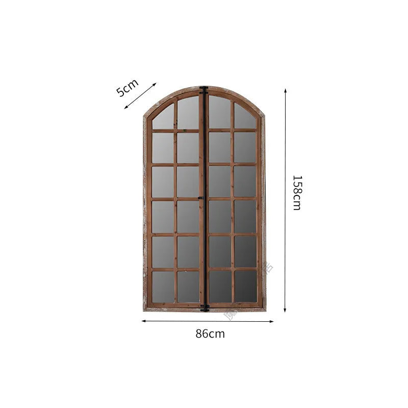 Terrace distressed fake window wall mirror with wooden glass construction and log colour finish