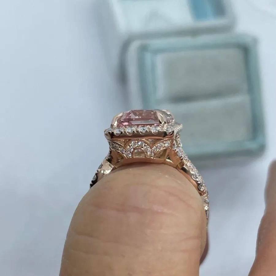 Geometric rose gold alloy ring with electroplated finish shown in various angles