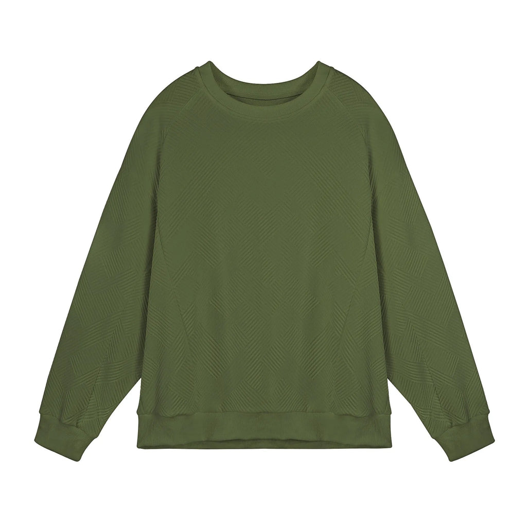 Men's army green twill Jacquard pullover sweater with round neck and long sleeves laid flat