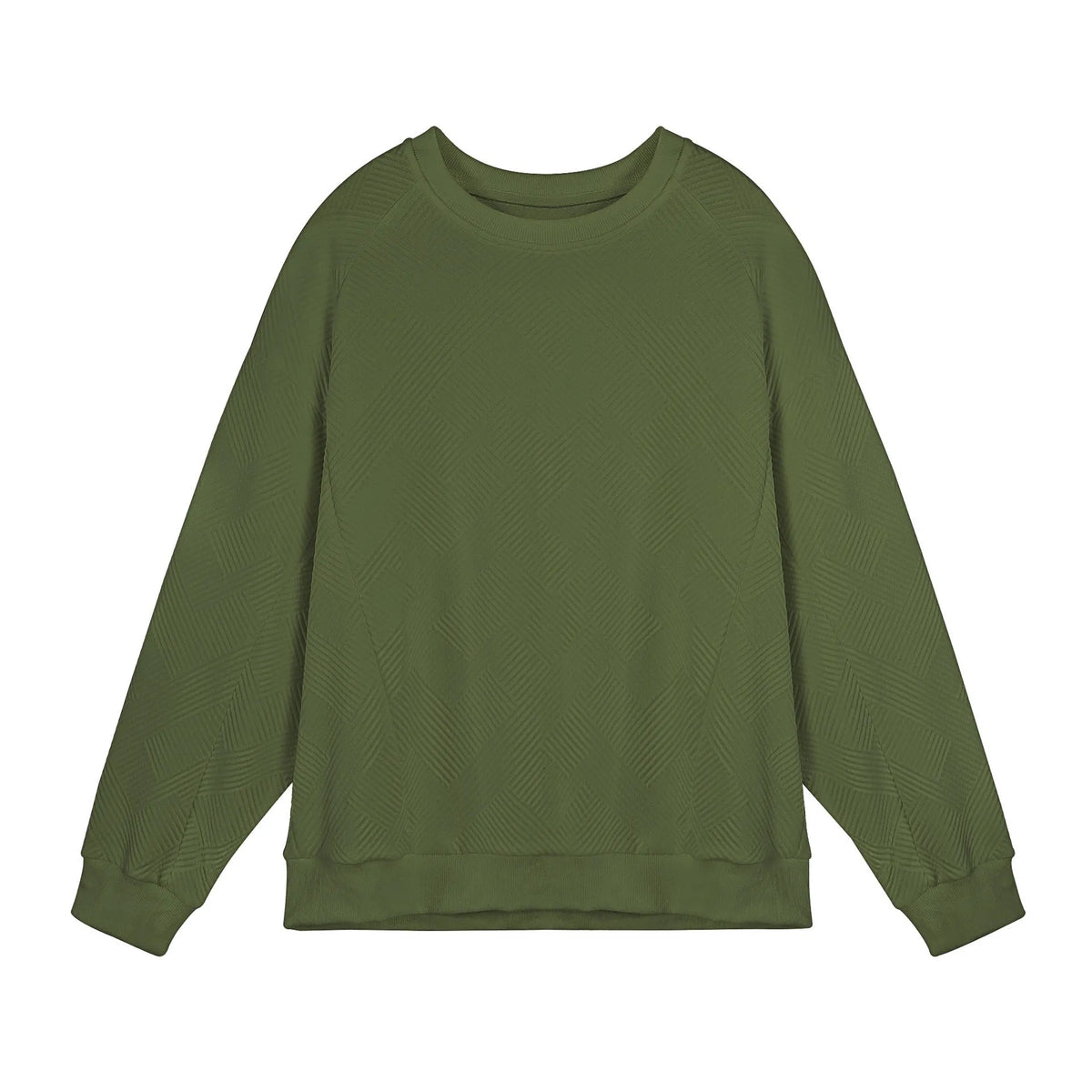 Men's army green twill Jacquard pullover sweater with round neck and long sleeves laid flat