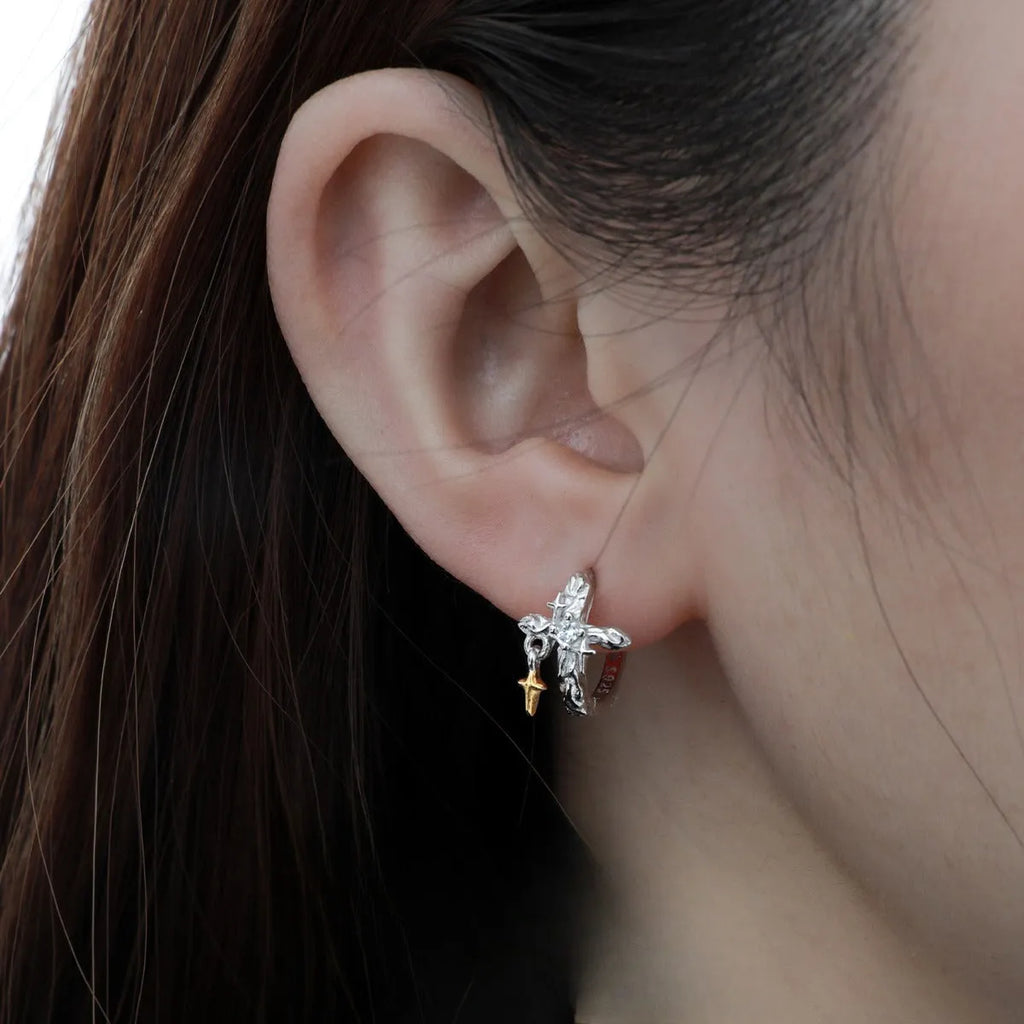 925 sterling silver geometric cross earrings with white gold colour finish and round design elements