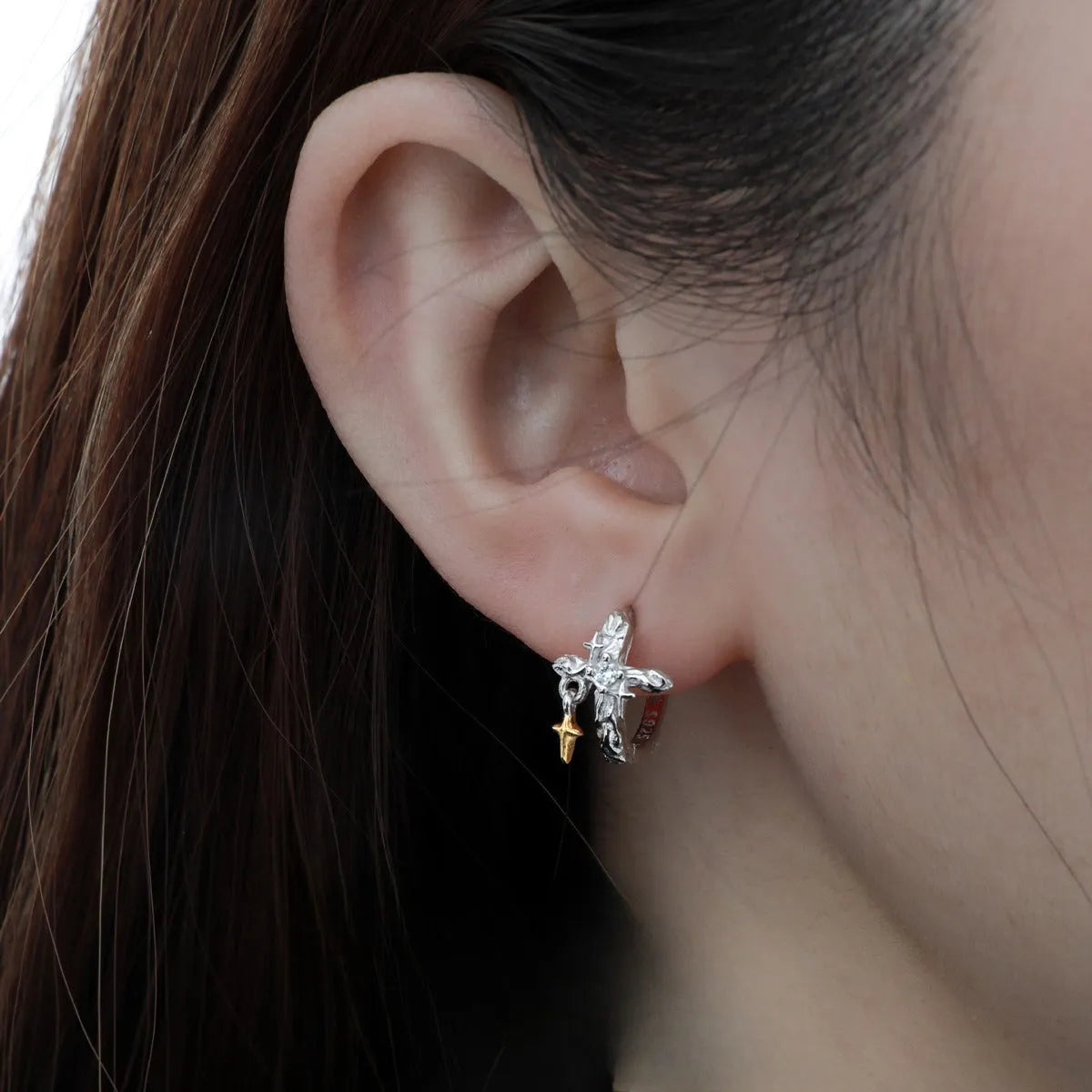 925 sterling silver geometric cross earrings with white gold colour finish and round design elements