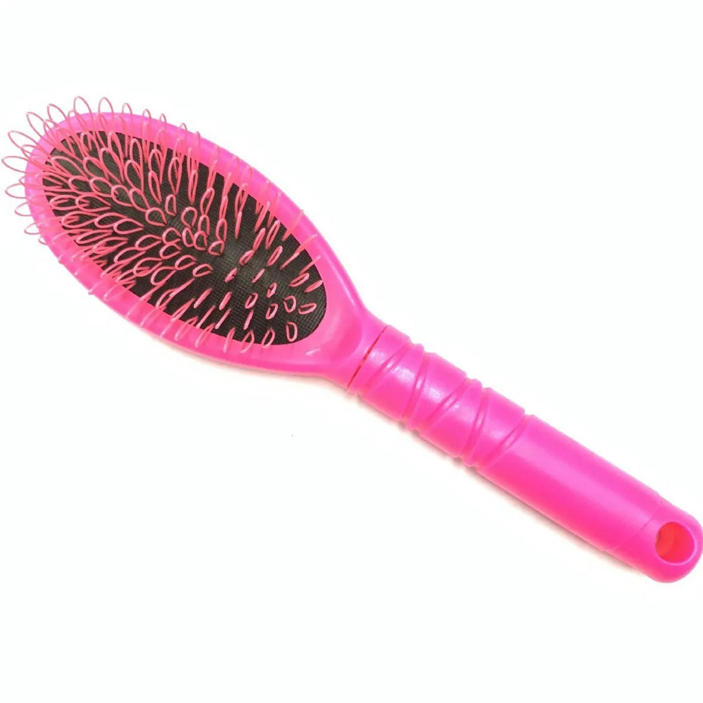 Black and pink plastic hair extension comb with ring teeth and an airbag, measuring 22cm by 6cm