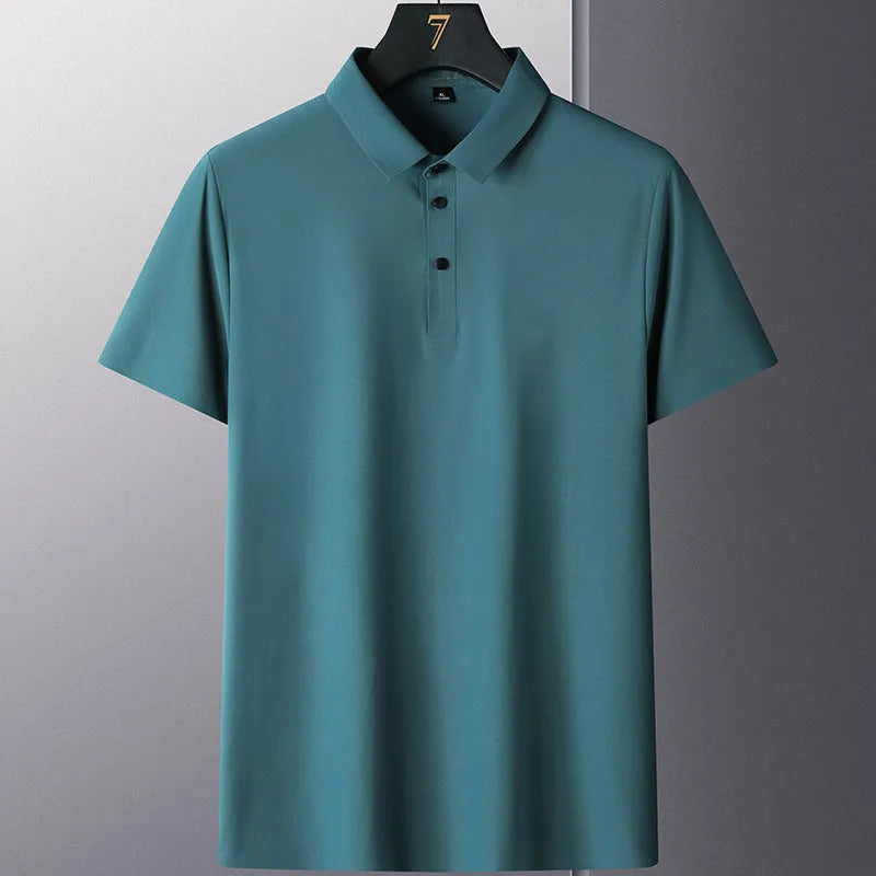 Men's solid colour short sleeve non-ironing business casual shirt on a hanger.