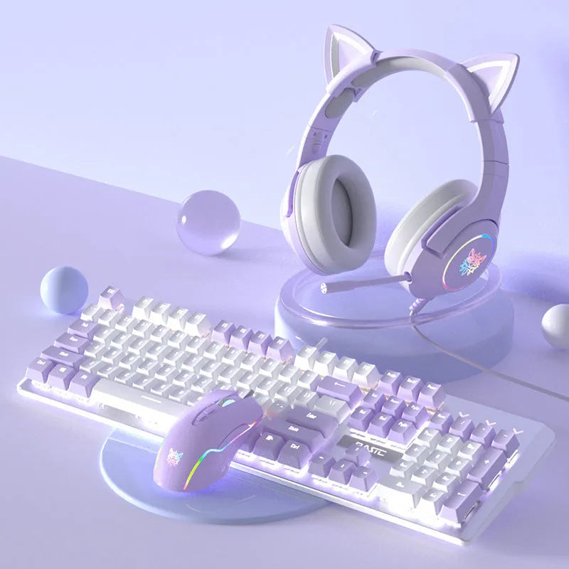 Purple and white wired mechanical keyboard and mouse combo set on a desk.