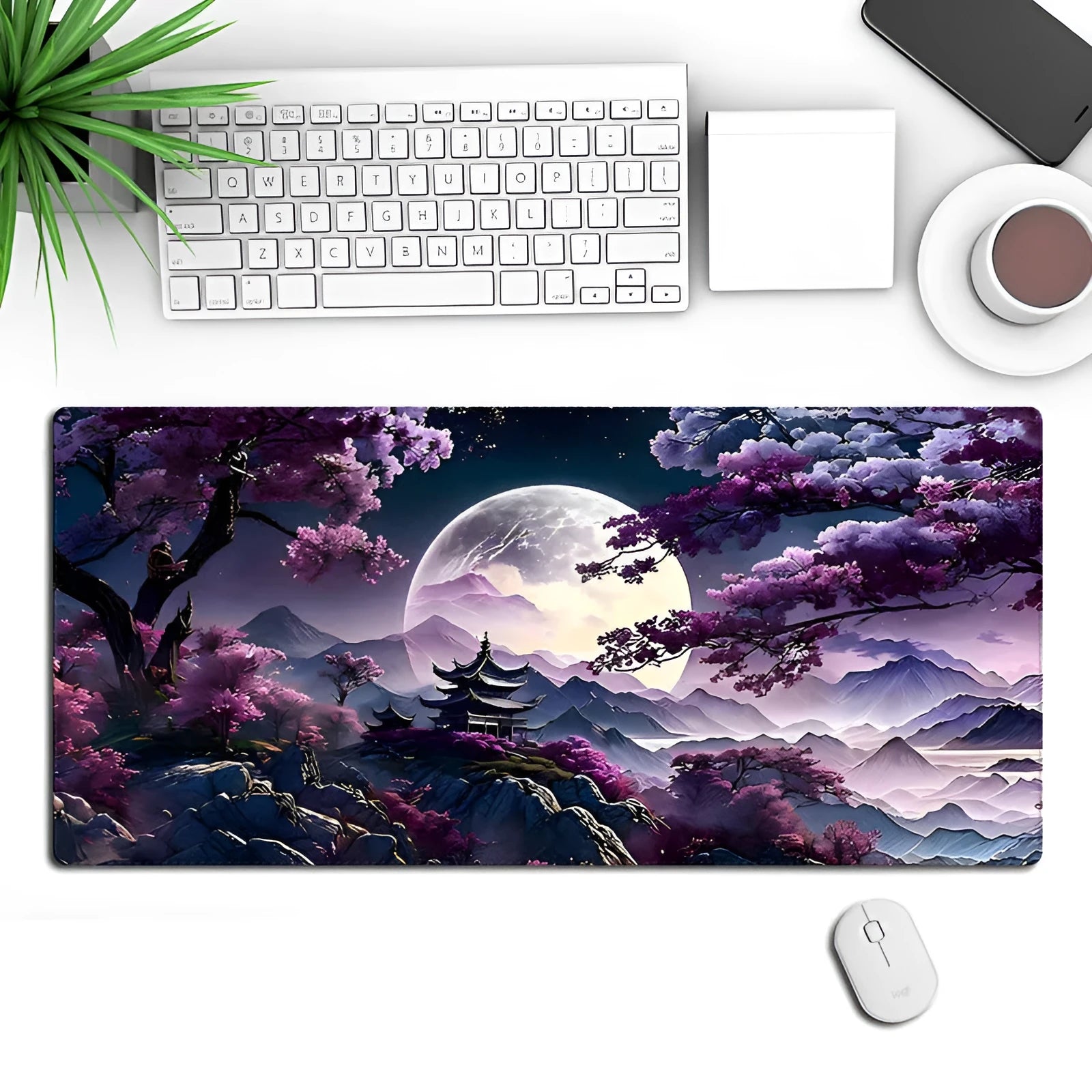 Large black gaming mouse pad with geometric pattern measuring 400x900mm on wooden desk