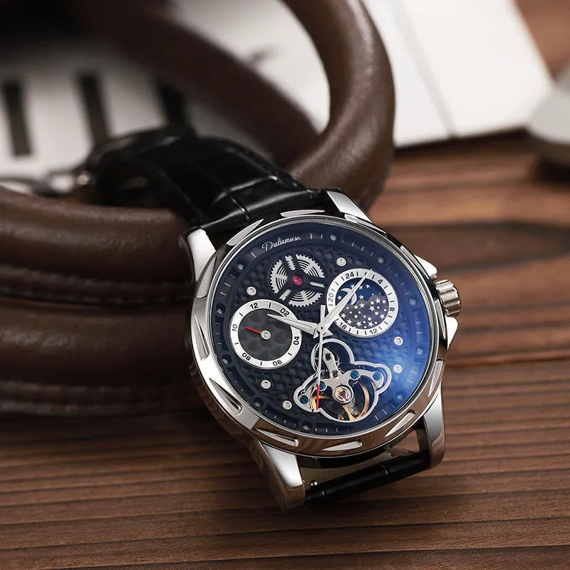 Men's black and white automatic business watch with steel bracelet or leather strap options