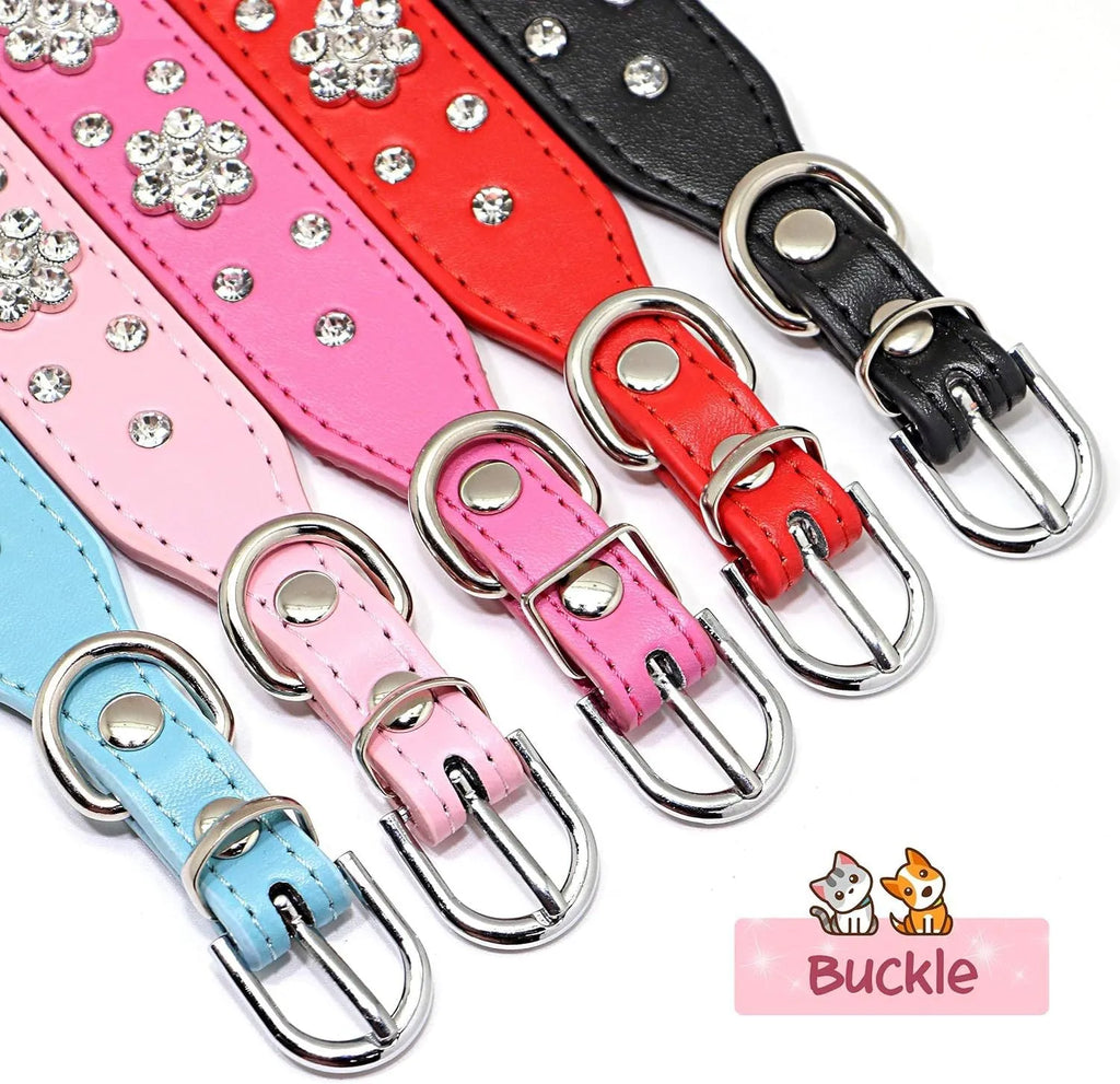 Adjustable black PU leather dog collar with rhinestone flower pattern and metal studs for small dogs.
