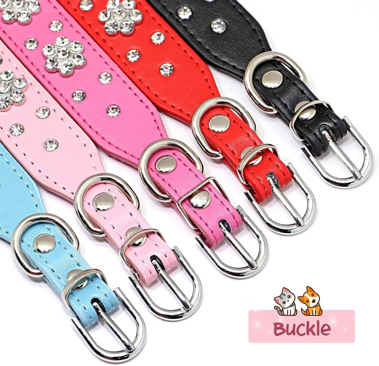 Adjustable black PU leather dog collar with rhinestone flower pattern and metal studs for small dogs.