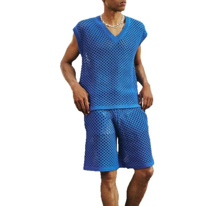 Man wearing a blue V-neck knitted vest and matching shorts from a cotton polyester sports suit set.