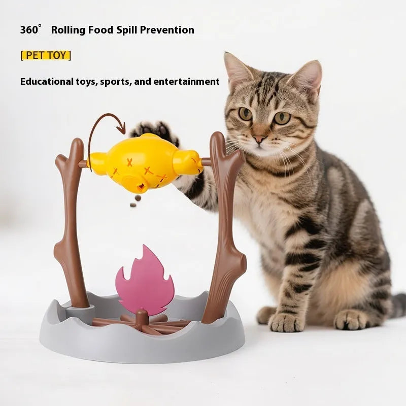 Barbecue-style cat food tumbling feeder with self-healing design measuring 30x30x29cm
