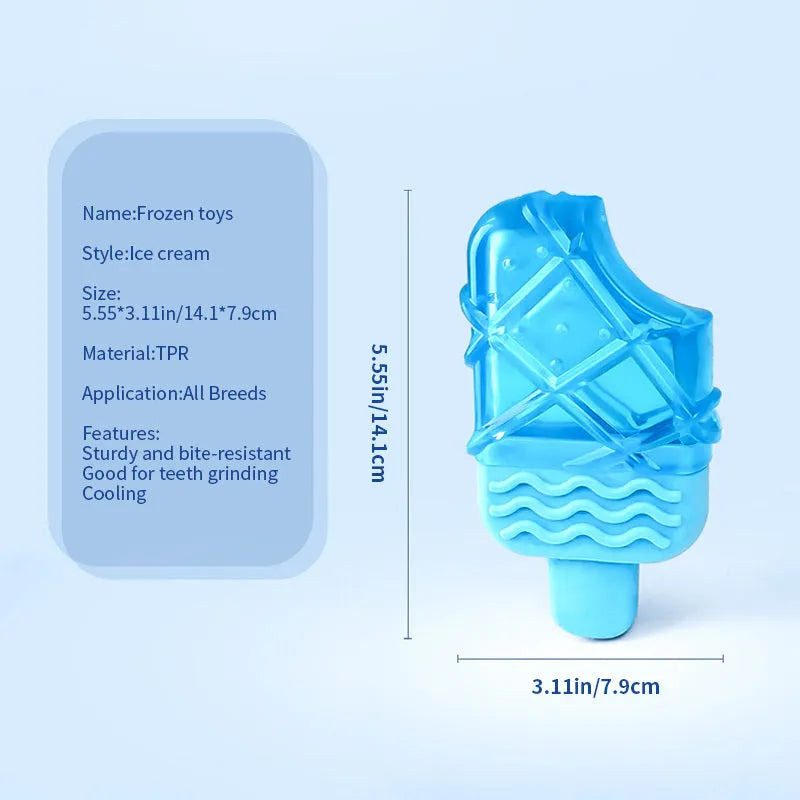 Set of three silicone dog toys: a blue pacifier, a red popsicle, and a green ring for water filling and freezing.