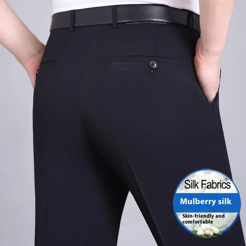 Men's straight-leg high-waist business trousers in a mulberry silk blend fabric