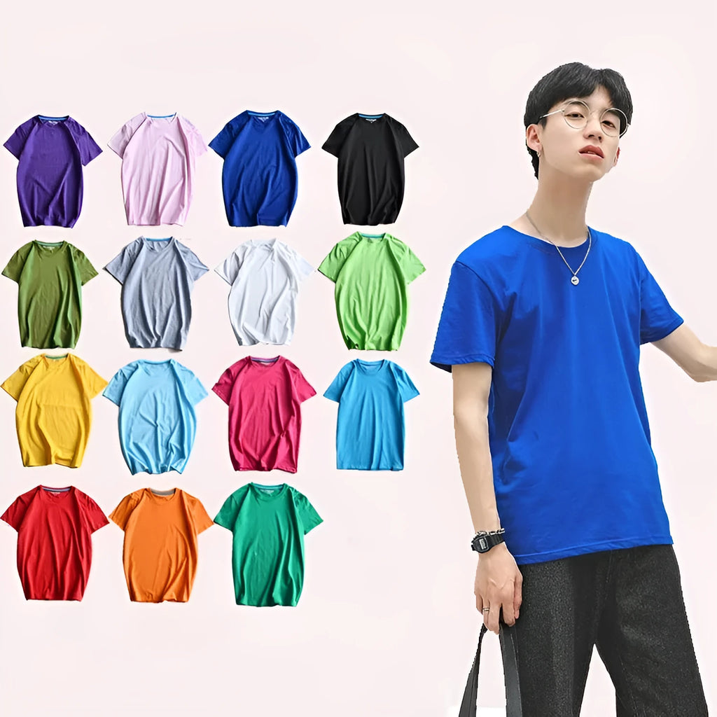 Men's solid colour cotton round neck T-shirt on a hanger