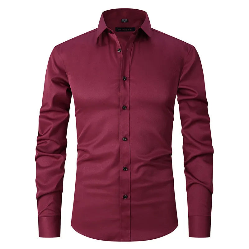 Men's stretch long sleeve work shirt in polyester fibre, showing colour options and sizing details.