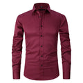 Men's stretch long sleeve work shirt in polyester fibre, showing colour options and sizing details.