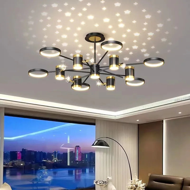 Black iron pendant chandelier with 13 lights in a Nordic star design, featuring a remote control.