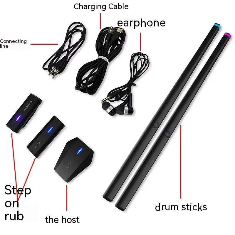 Black somatosensory air drum kit with wireless connectivity and LED lighting for virtual AR drumming