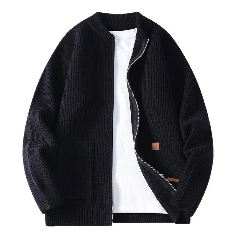 Men's straight-cut striped cardigan jacket in a chemical fibre blend, shown in beige colour.