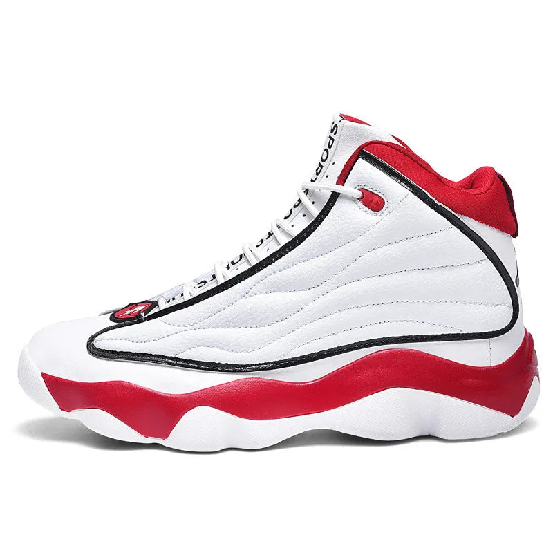 Men's high-top mesh basketball shoes with thick rubber sole in AJ13 white red colourway