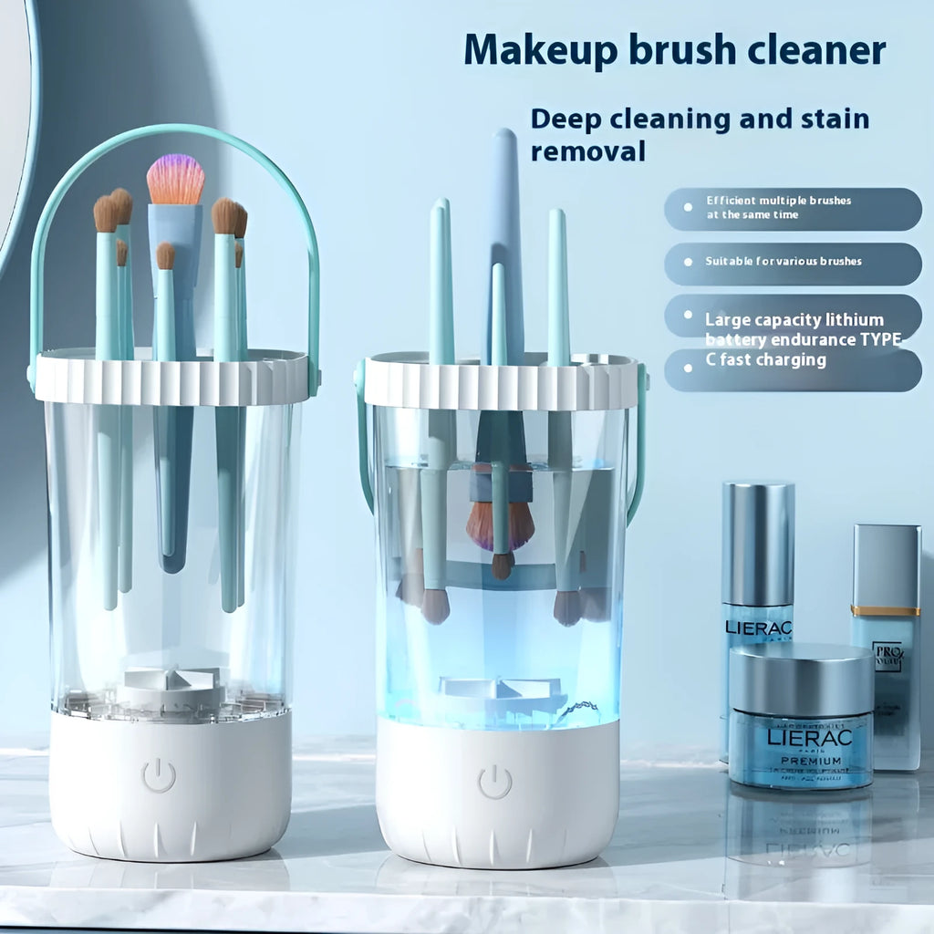 White rechargeable electric makeup brush cleaner with plastic housing and USB cable