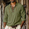 Men's loose fit long sleeve shirt in linen blend with lapels lace detail, shown in blue.