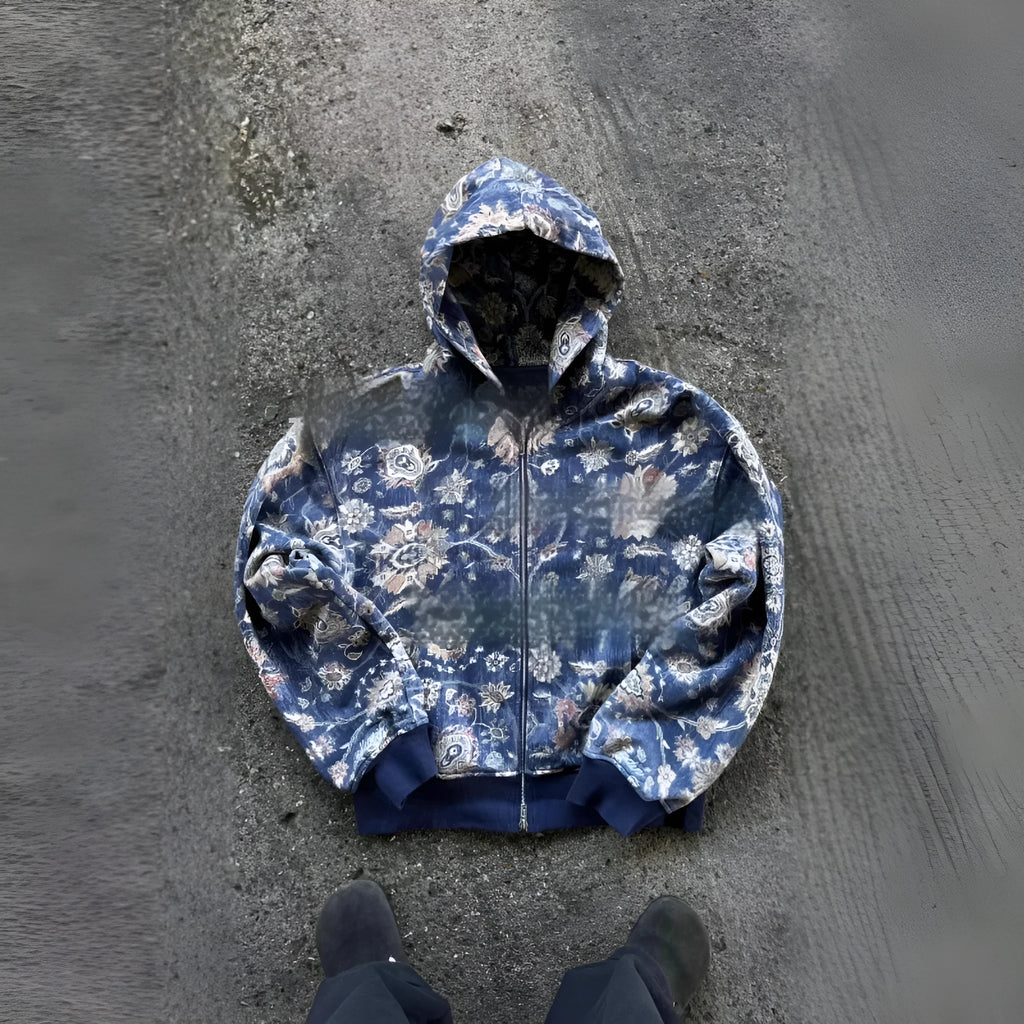 Men's blue hooded zip-up casual coat with loose fit and digital printing design