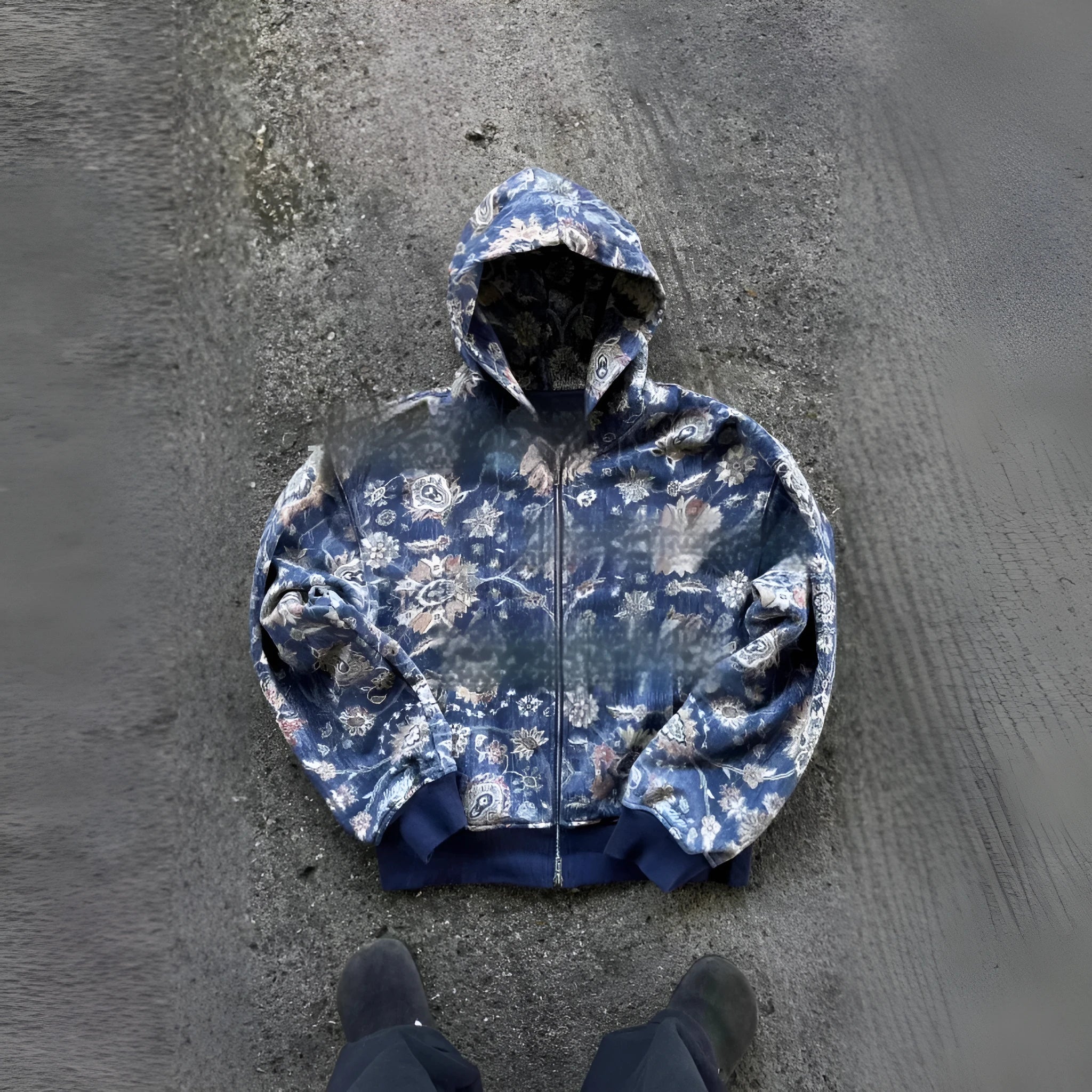 Men's blue hooded zip-up casual coat with loose fit and digital printing design