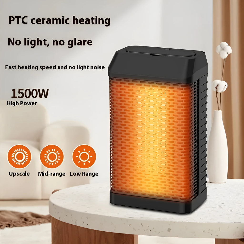 Black desktop smart heater with remote control on a wooden desk.