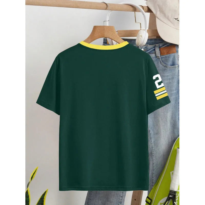 Casual loose-fitting red cotton T-shirt with a digital printed letter design on the front.