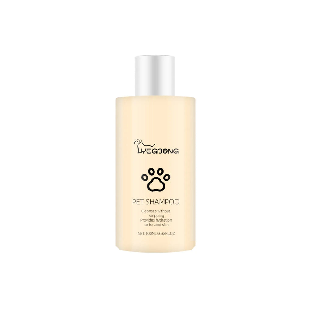 Bottle of mild pet shampoo for cats and dogs, available in 100ml and 300ml sizes.