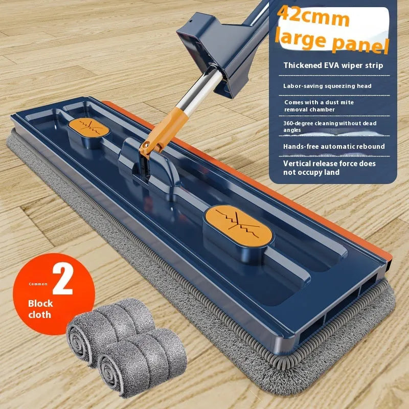 Large flat mop with stainless steel handle and blue cleaning cloths showing 360° rotating head mechanism