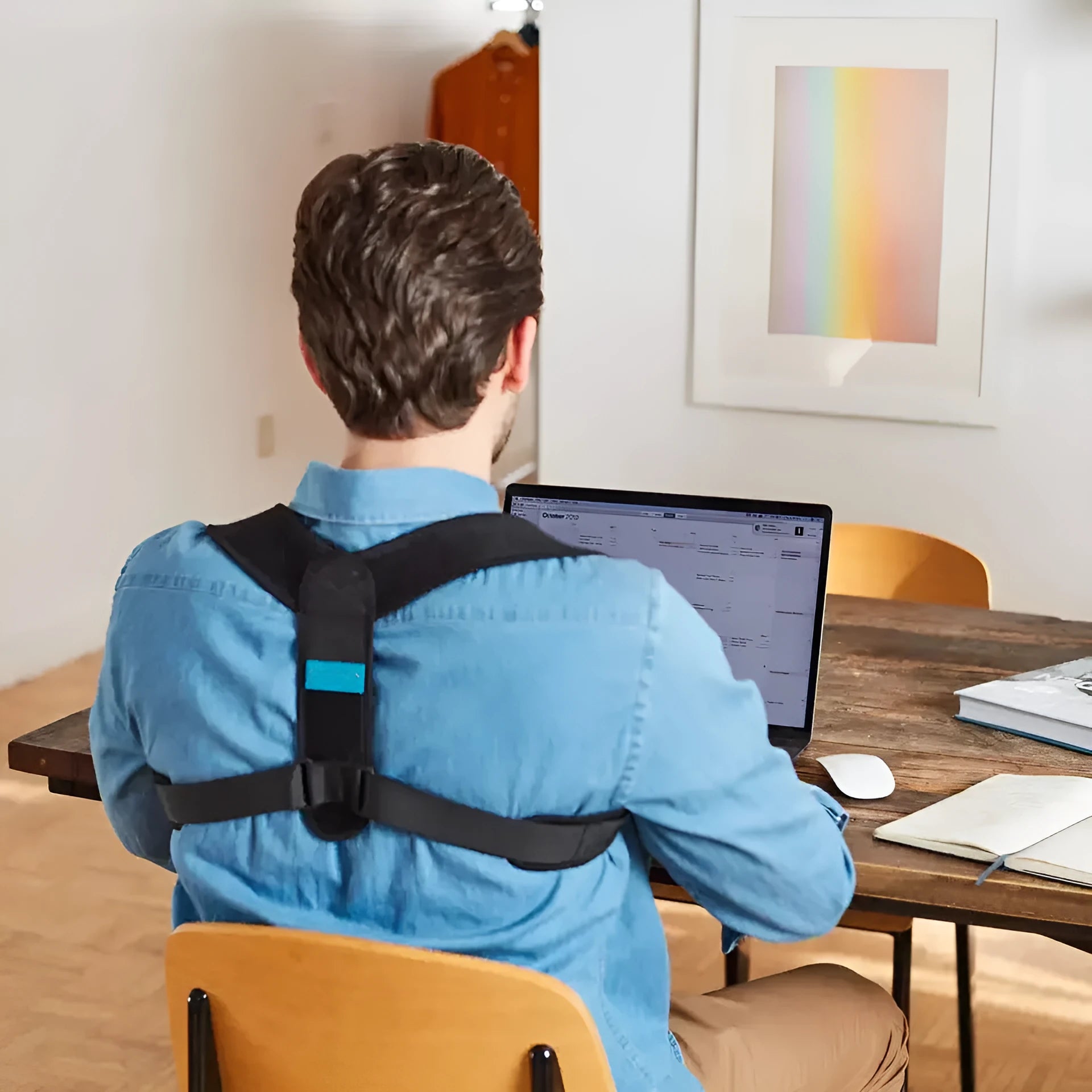 Black adjustable posture correction strap for back support.