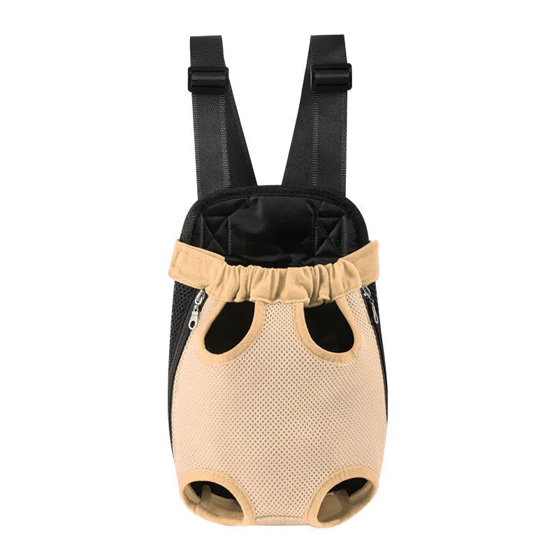 A person wearing a black nylon dog carrier backpack on their chest, containing a small dog looking out.