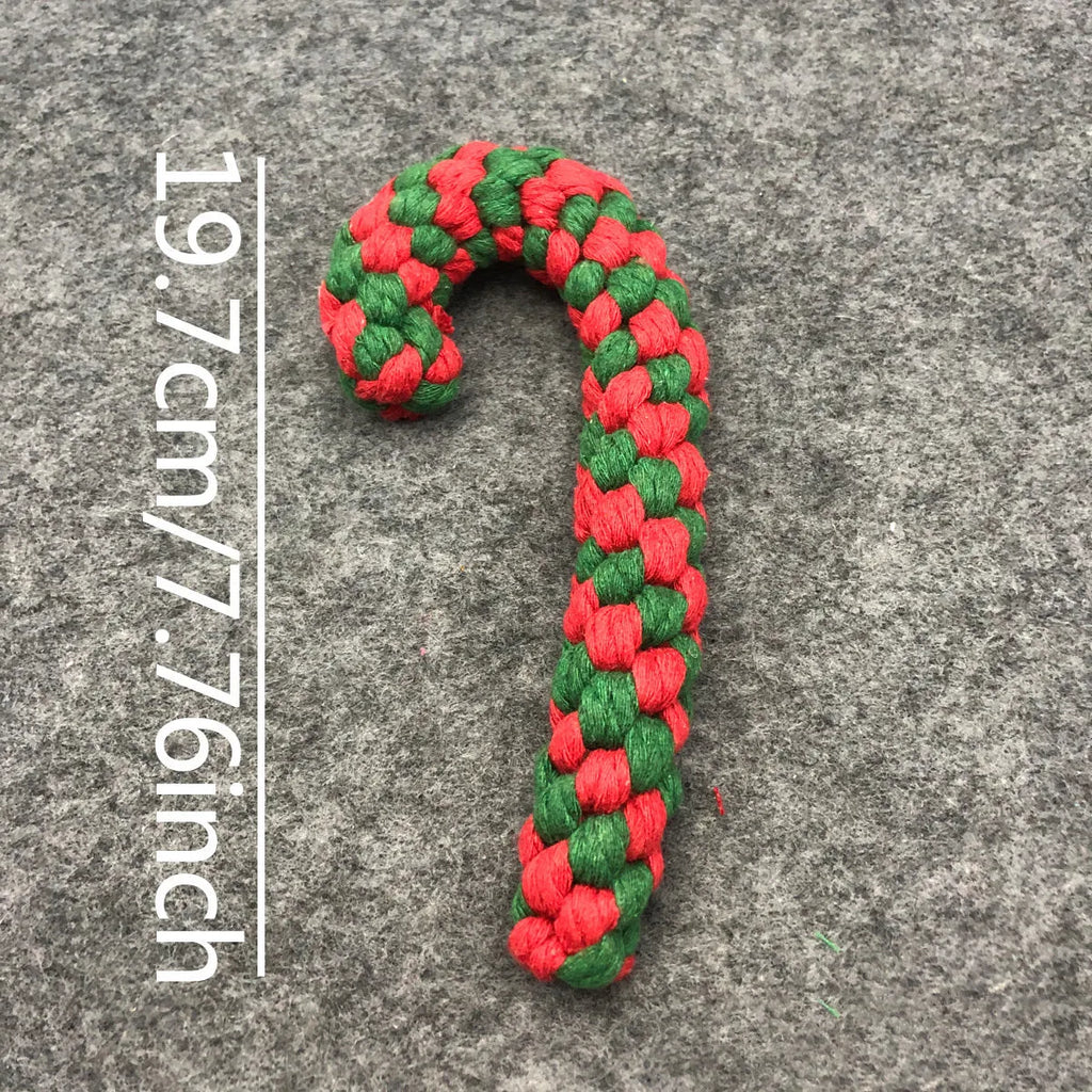 Christmas cotton rope dog toy set with red and green candy cane, bone and Christmas tree shapes for small and medium dogs.