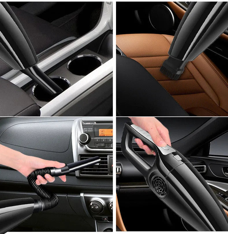 Black and orange car vacuum cleaner with cigarette lighter plug showing 120W power rating