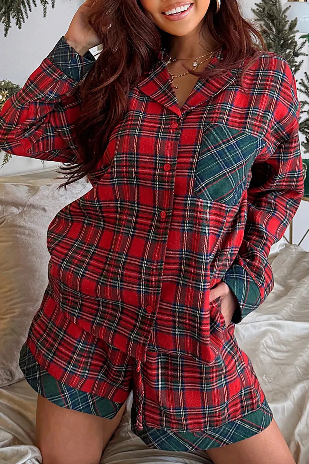 Red plaid Christmas pyjama set with long sleeve shirt and matching shorts