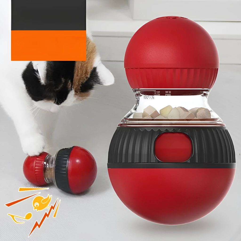 Plastic rotating cat toy with food dropping mechanism and colourful super ball design