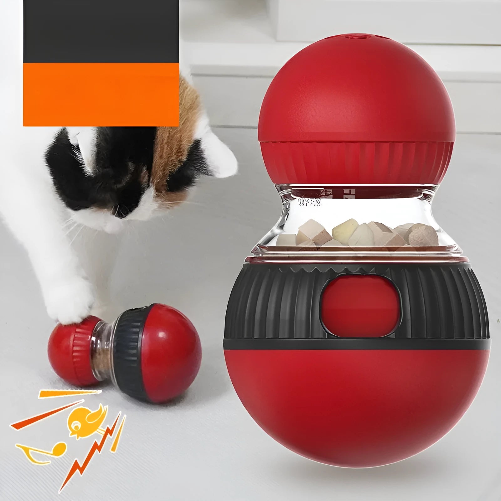 Plastic rotating cat toy with food dropping mechanism and colourful super ball design