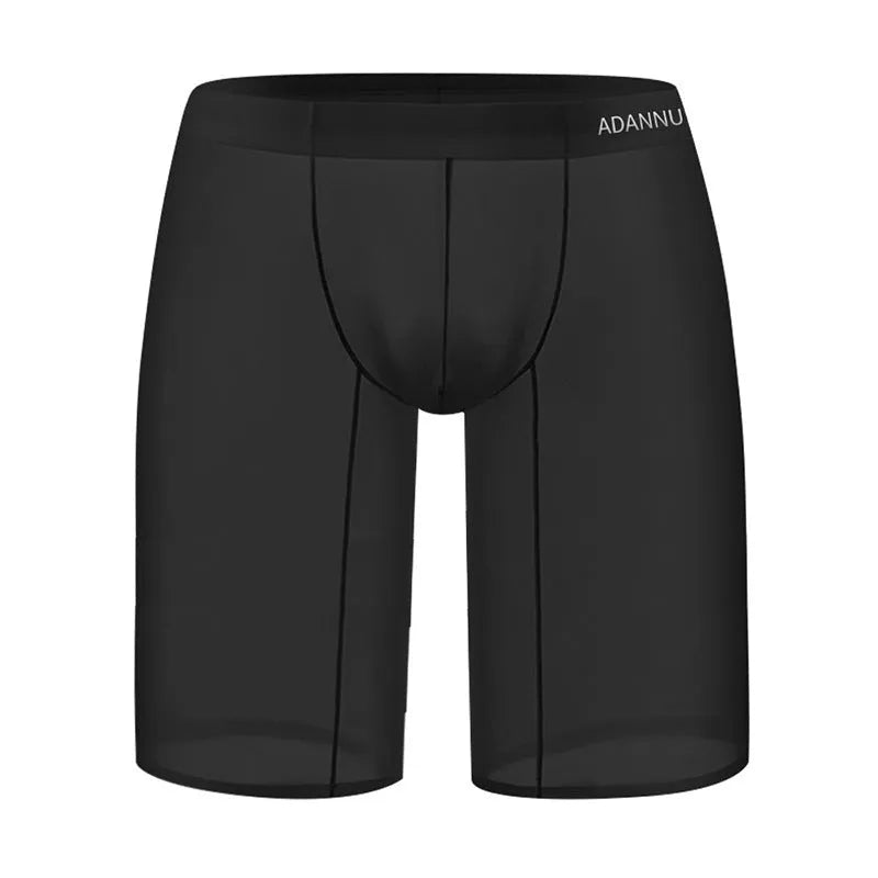 Man wearing black seamless knitted nylon mesh shorts with a close, hip-lifting fit.