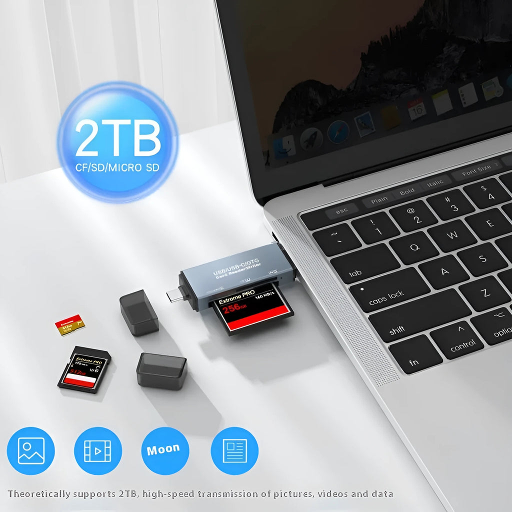 Aluminium alloy three-in-one CF SD TF memory card reader with USB and TYPE-C interfaces