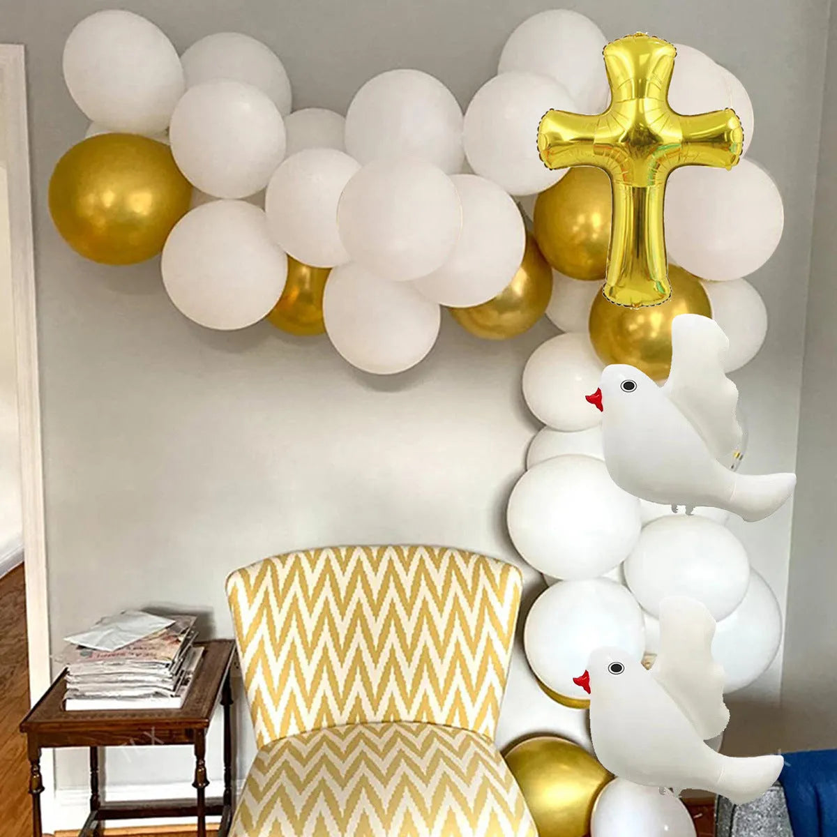 120PCs cross white dove balloon arch set with gold and white 10-inch balloons for birthday and wedding decoration