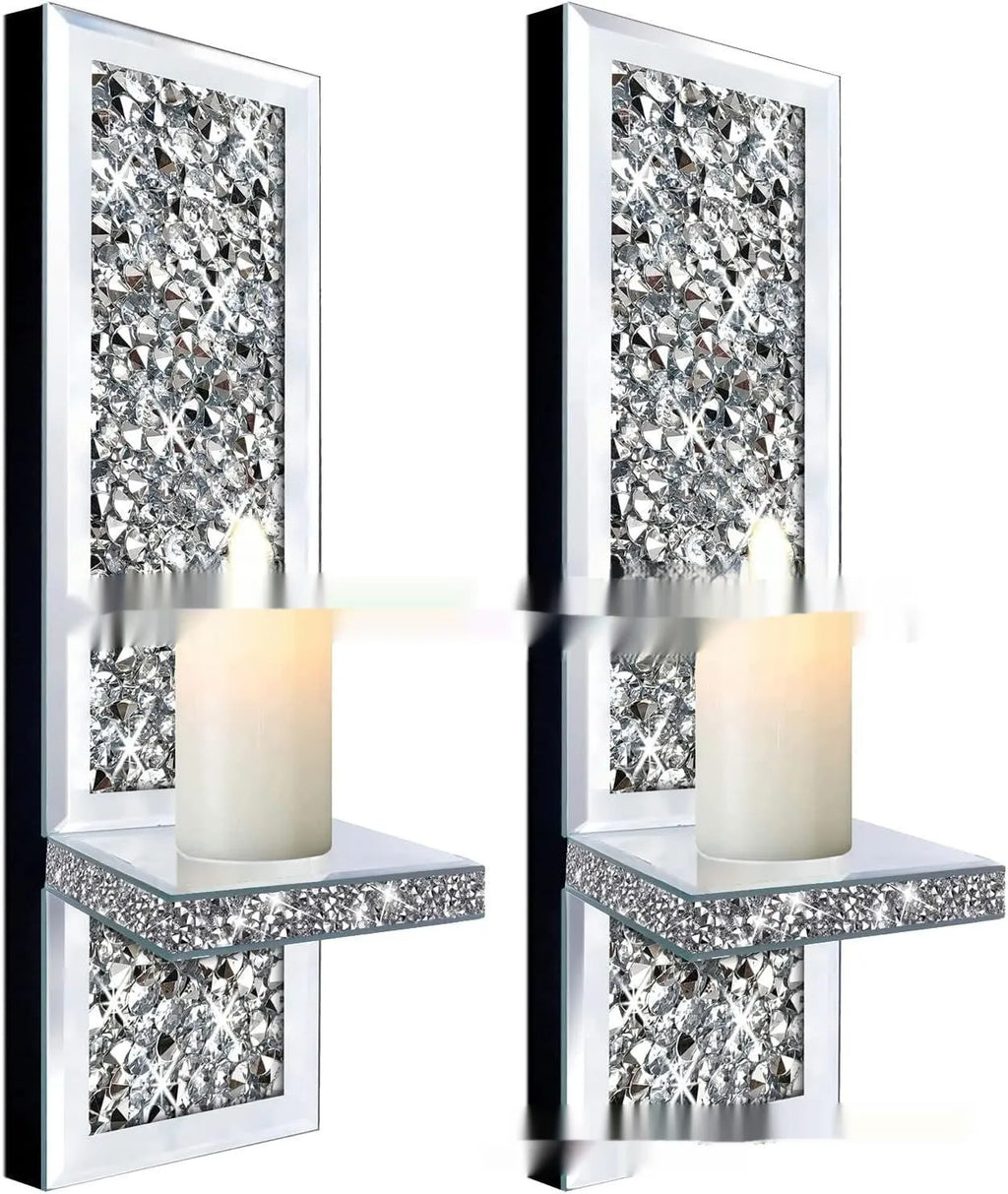Pair of silver mirror glass candle holders for wall mounting with modern design